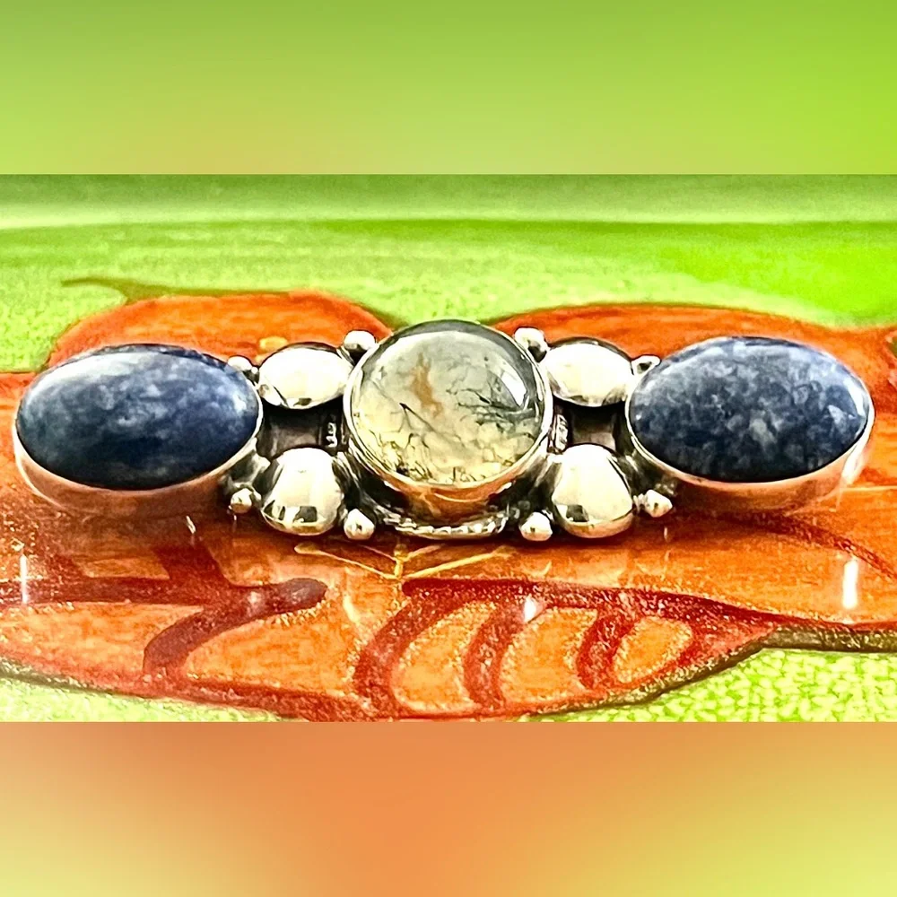 Vintage Sterling Silver Lapis Lazuli Moss Agate Brooch Pin 9.21g Artisan - Picture 2 of 5